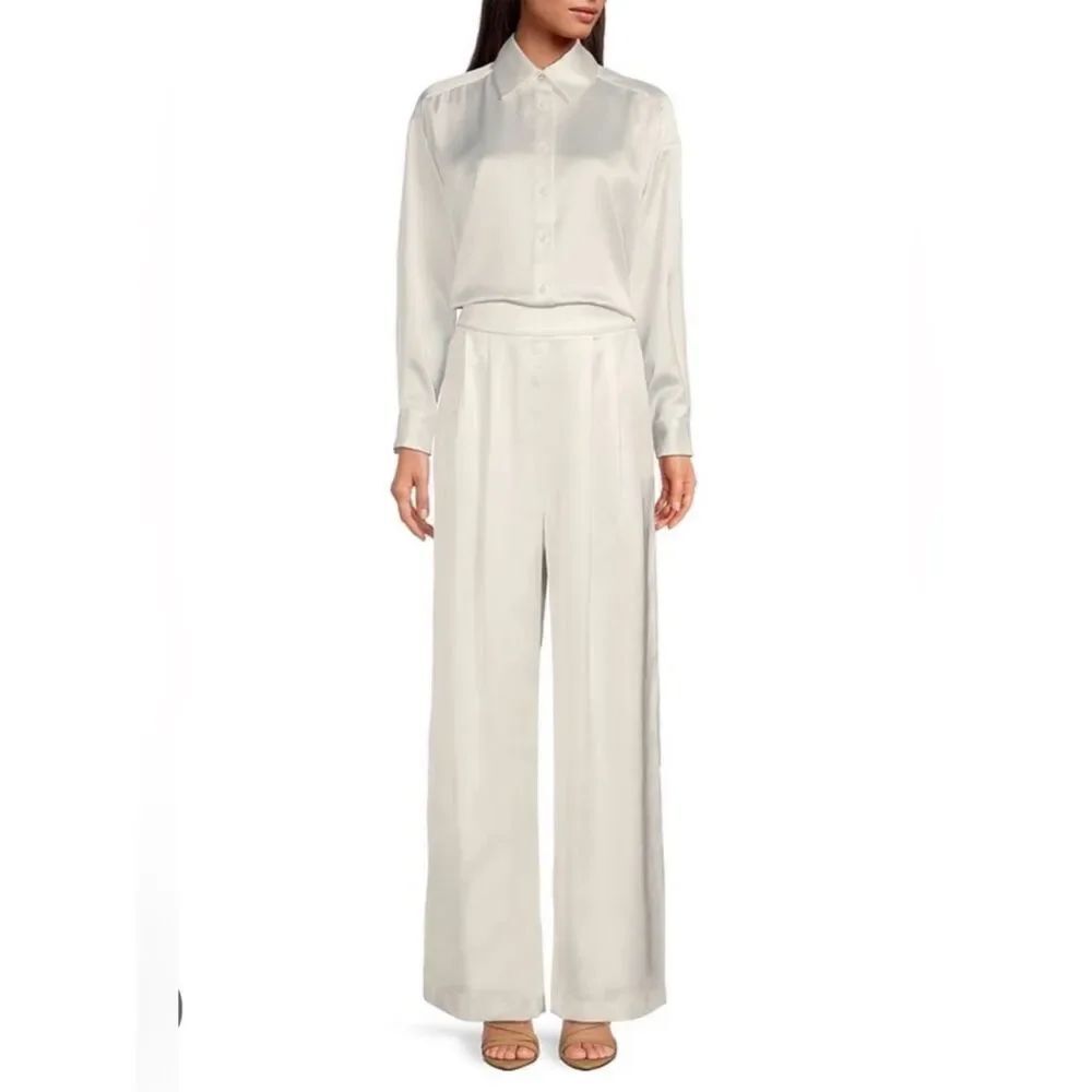 Gianni Bini Skylar Point Collar Button Front Long Sleeve Satin Blouse- Ivory